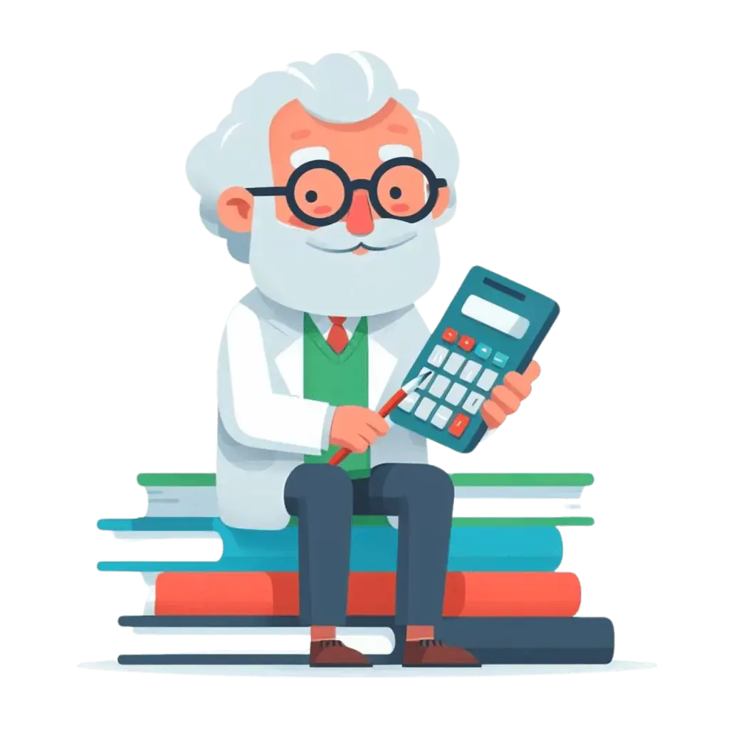 Alter Professor sitzt auf einem Stapel Bücher mit einem Taschenrechner in der Hand